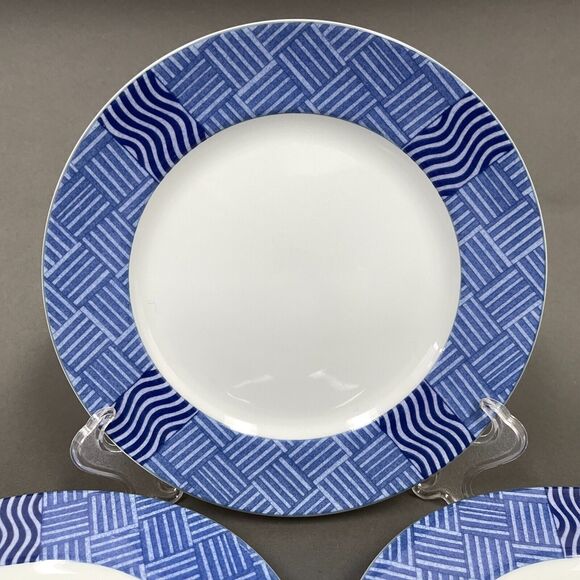 Crate & Barrel Rafia Blue White Wavy Salad Plates Lead Cadmium Free Lot of 3 - Picture 4 of 14